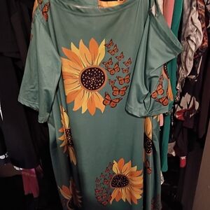 Teal Sunflower Print Mini Dress with Butterfly Accents